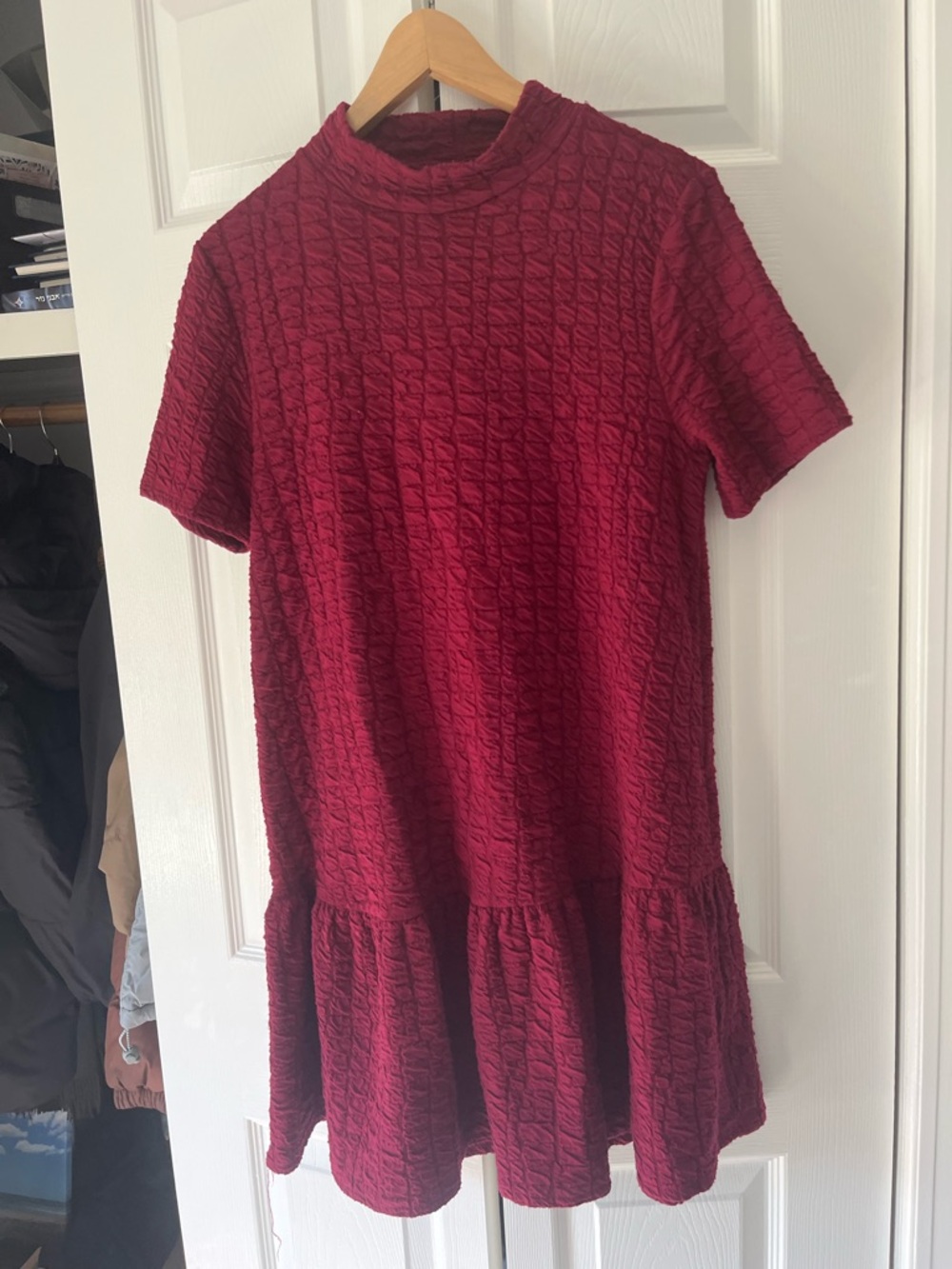 Zara Textured Wine Red Short-Sleeve Dress Size Medium